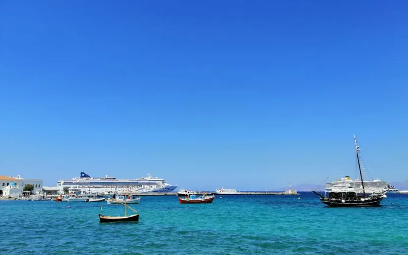 Cruise ship docked at the port of Mykonos, Greece
